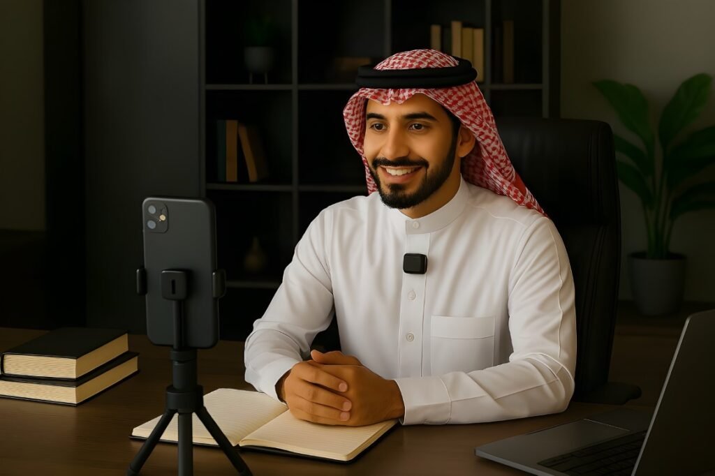 رجل سعودي يصور فيديو احترافي من جواله لبناء الهوية الشخصية وصناعة المحتوى
